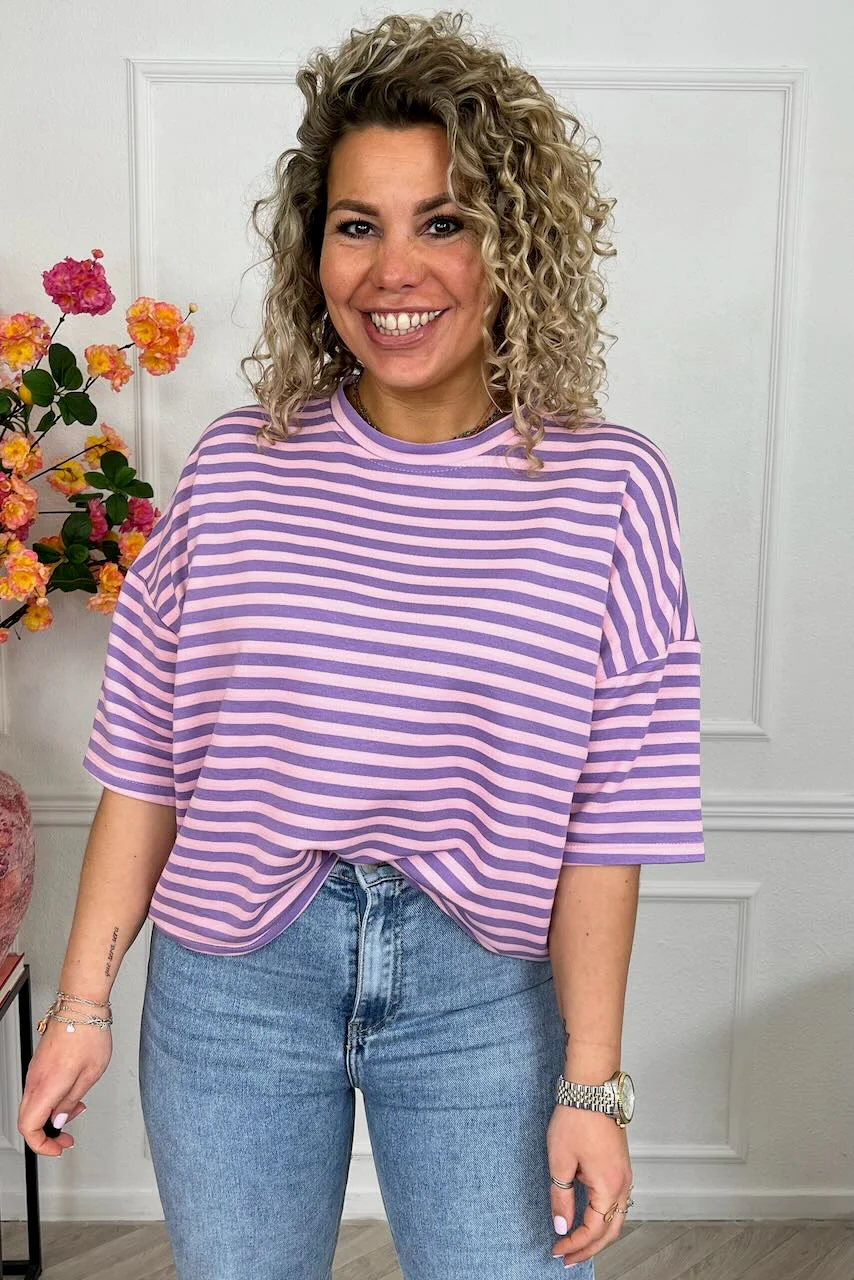 Perfect Short Sleeve Striped Sweater - Pink/Lila