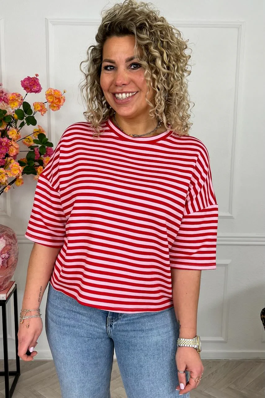 Perfect Short Sleeve Striped Sweater - Red/Pink - Image 2