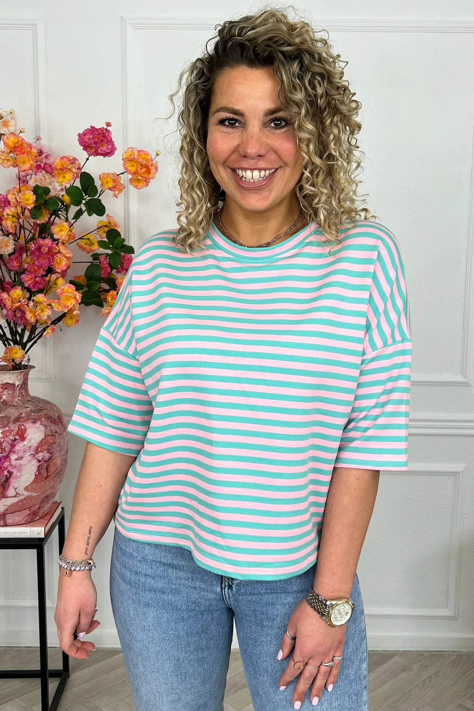 Perfect Short Sleeve Striped Sweater - Turquoise/Light Pink - Image 2