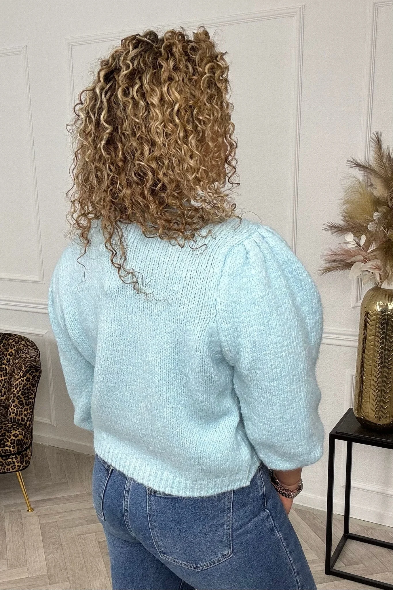 Puffy Sleeve Knitted Vest - Light Blue - Image 2