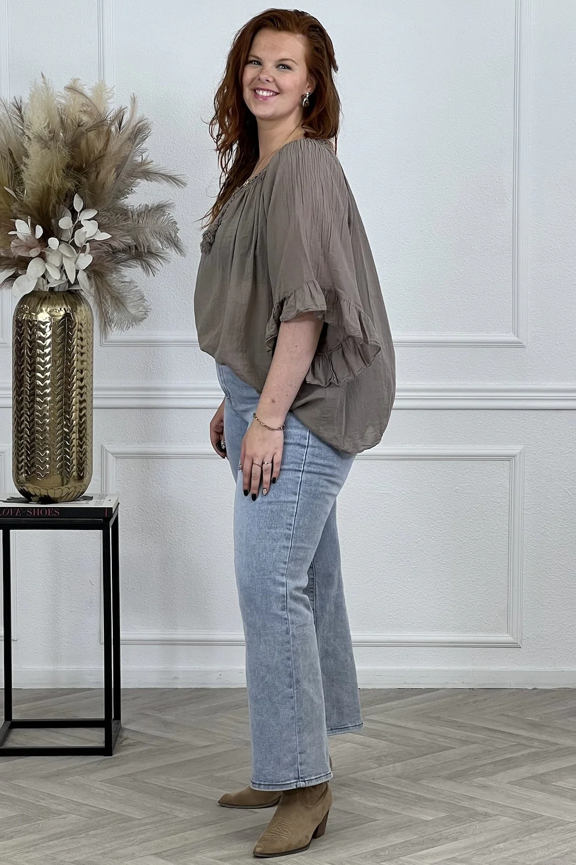 Ruffle Sleeve Blouse - Taupe - Image 2