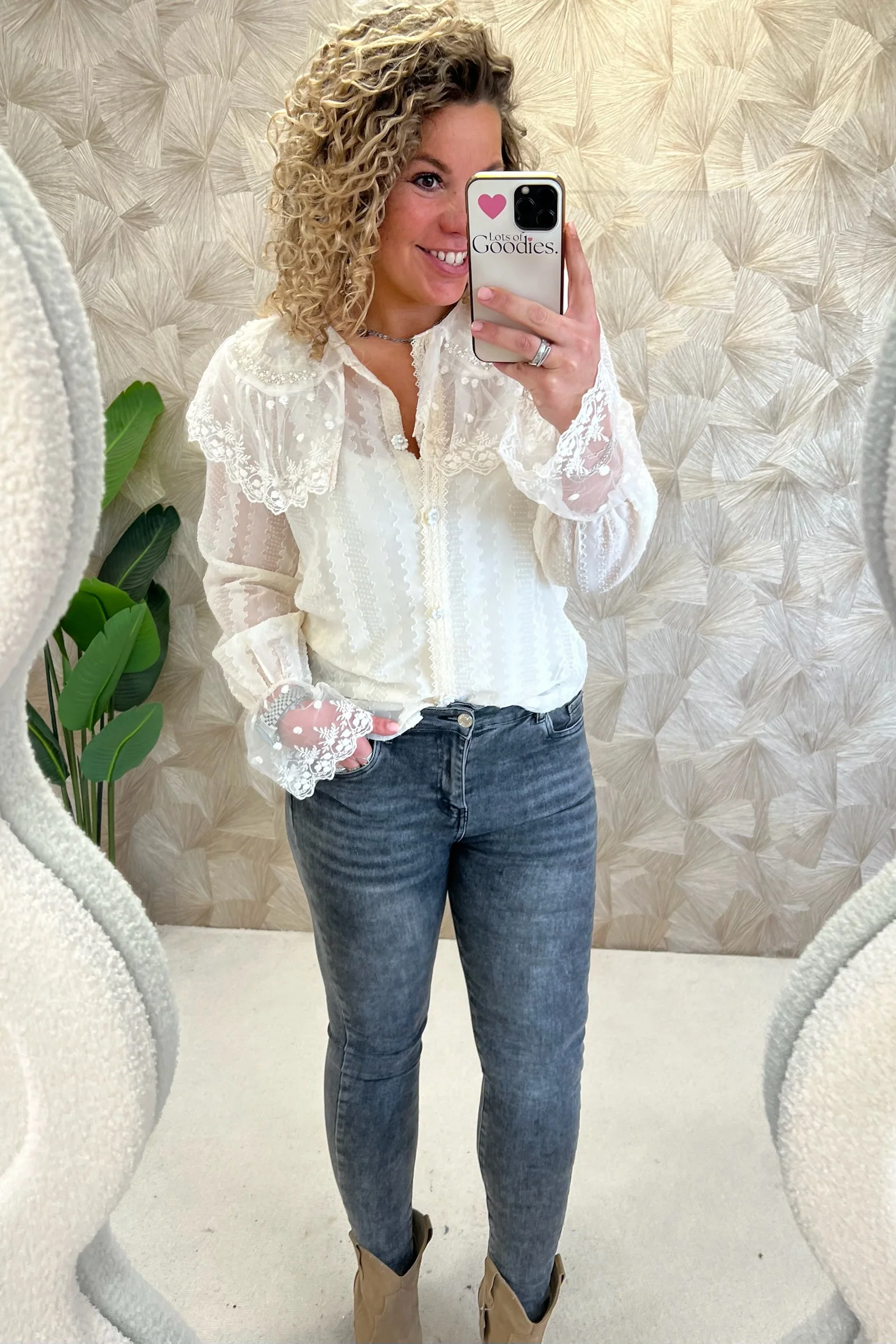 Sheer Sparkle Collar Blouse - Beige