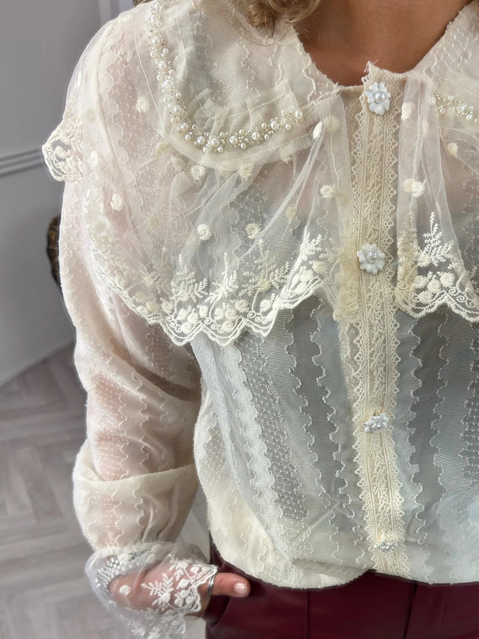 Sheer Sparkle Collar Blouse - Beige - Image 5