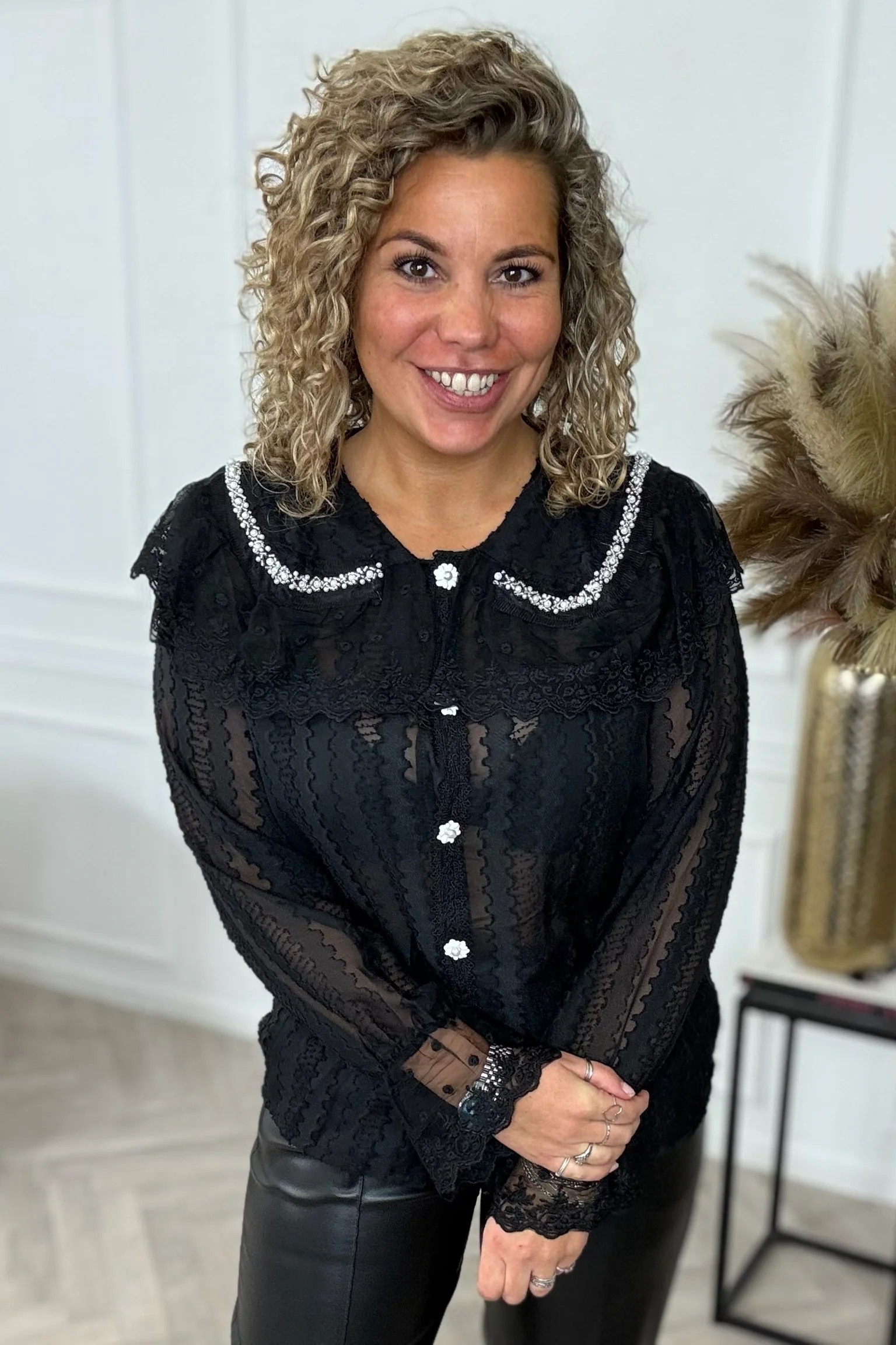 Sheer Sparkle Collar Blouse - Black - Image 3