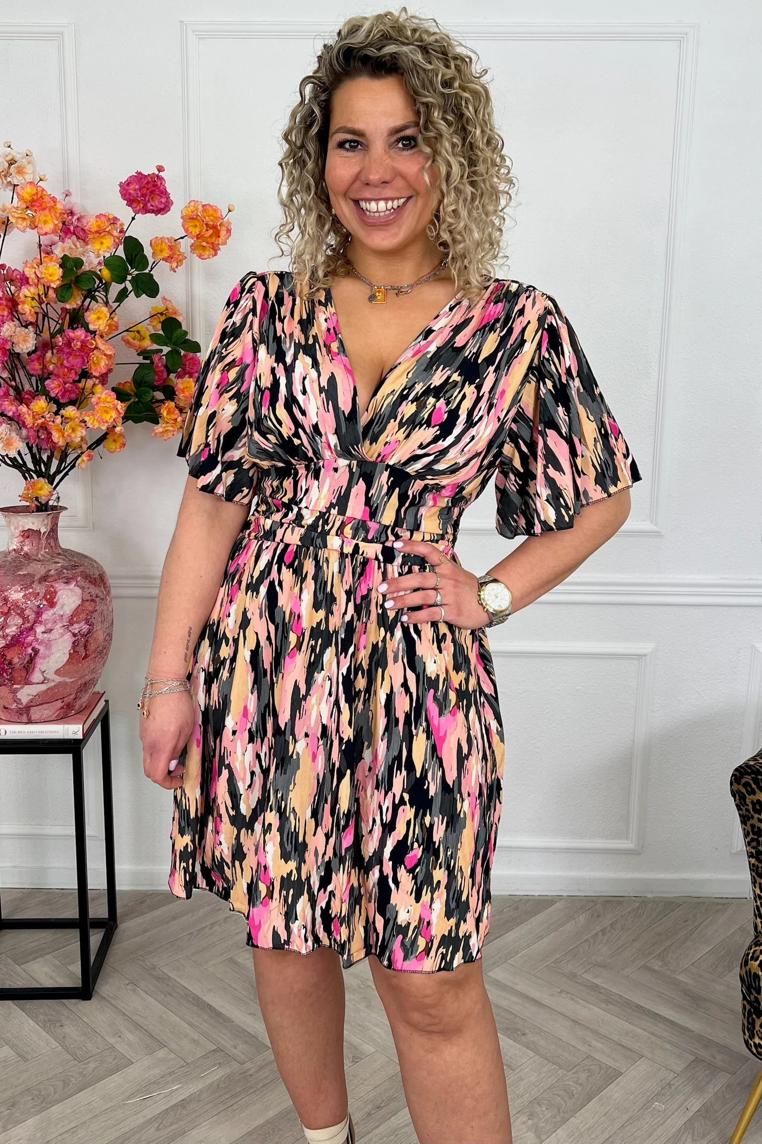 Sicilia Summer Print Dress - Black/Beige/Pink