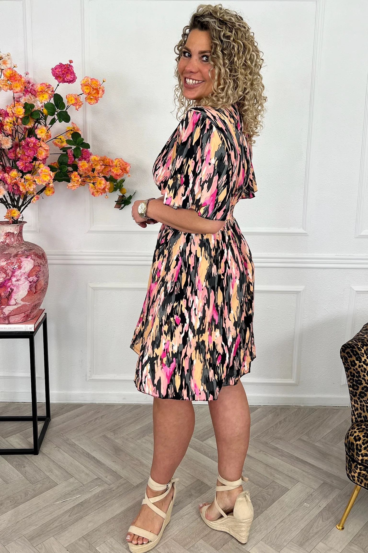 Sicilia Summer Print Dress - Black/Beige/Pink - Image 4