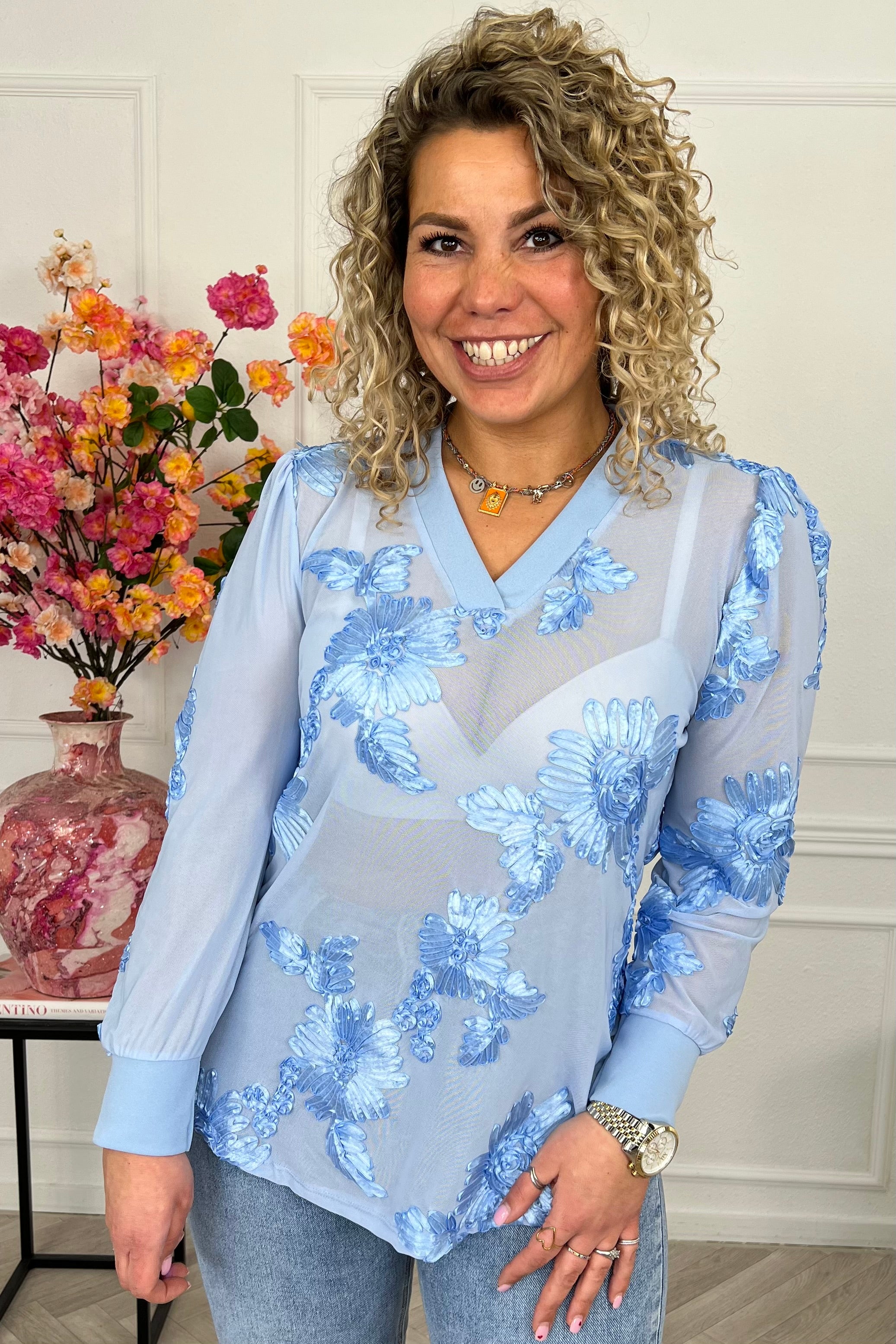 Verona Flower Sheer Top - Blue - Image 4