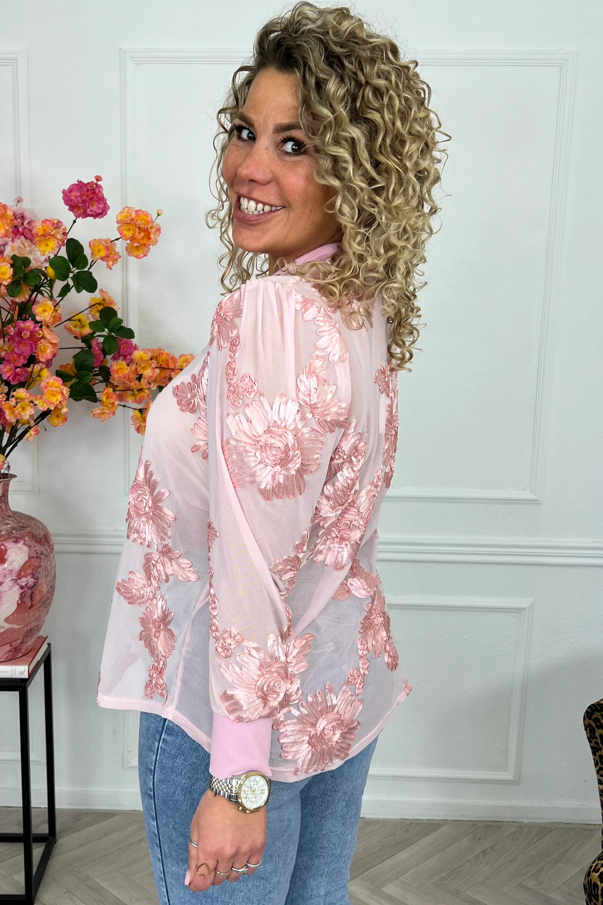 Verona Flower Sheer Top - Pink - Image 3