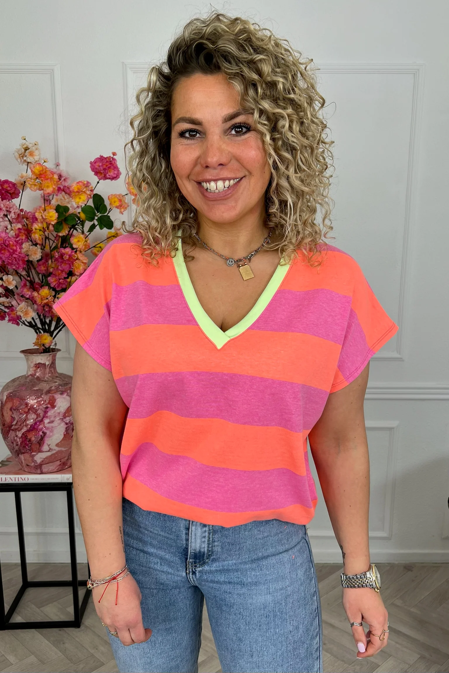 Wonderful V Neck Striped Shirt - Fuchsia/Orange/Lime - Image 2
