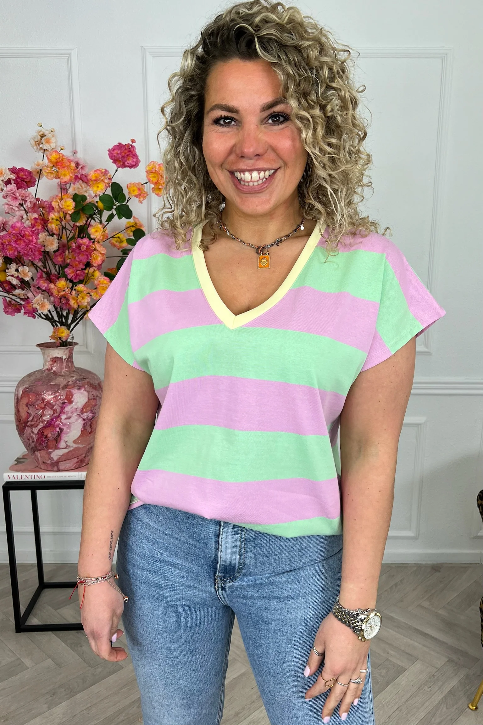 Wonderful V Neck Striped Shirt - Lila/Green/Yellow